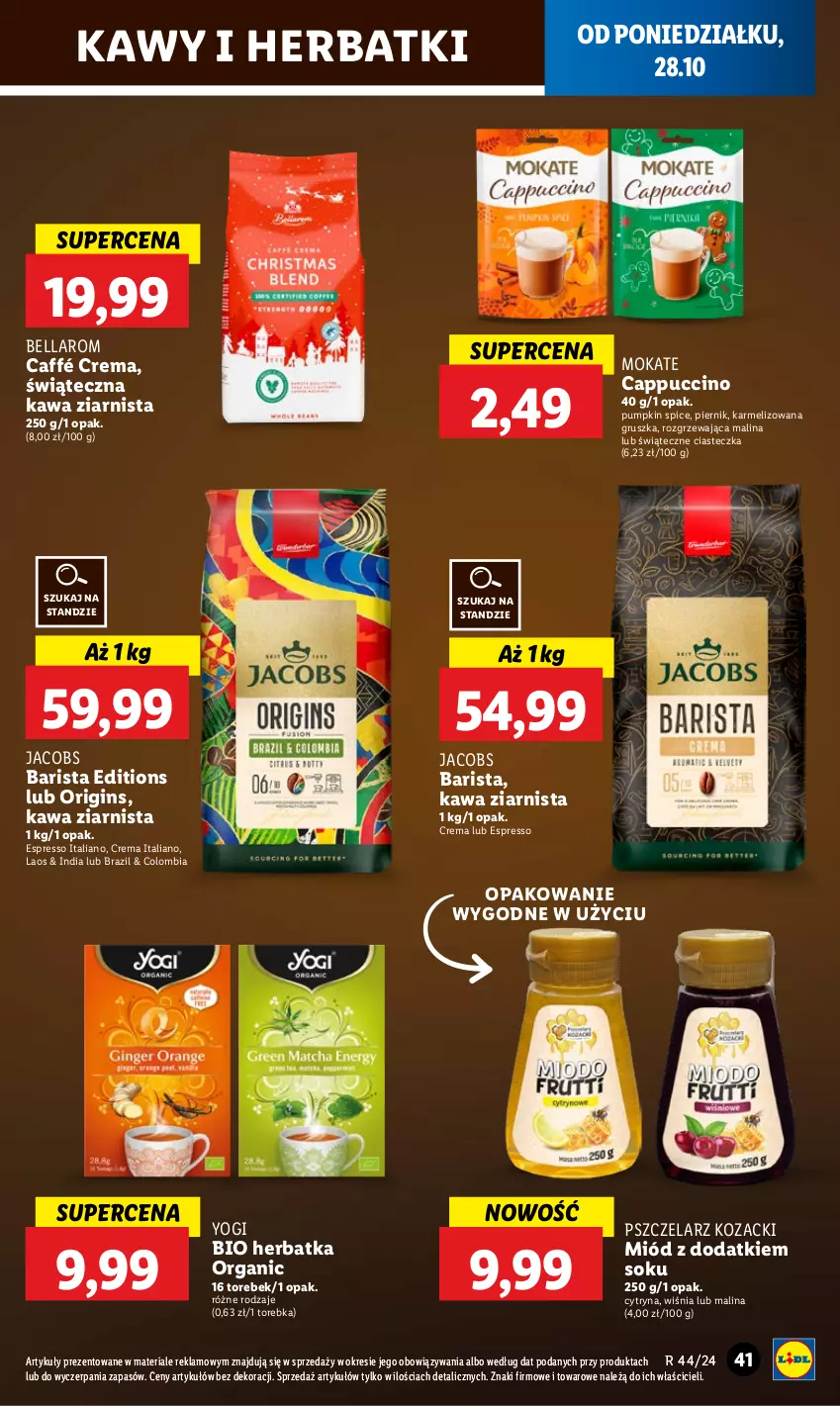 Gazetka promocyjna Lidl - GAZETKA - ważna 28.10 do 29.10.2024 - strona 47 - produkty: Bell, Bella, Cappuccino, Gin, Jacobs, Kawa, Kawa ziarnista, Miód, Piernik, Sok, Torebka