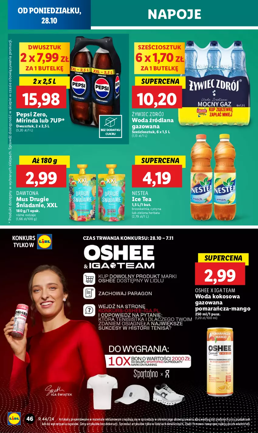 Gazetka promocyjna Lidl - GAZETKA - ważna 28.10 do 29.10.2024 - strona 52 - produkty: 7up, Dawtona, Herbata, Ice tea, Kokos, LANA, Mango, Mirinda, Mus, Napoje, Nestea, Oshee, Pepsi, Woda