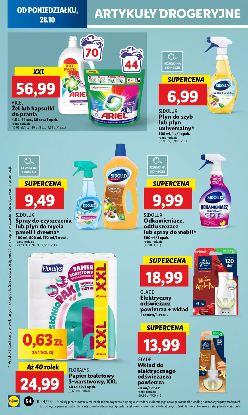 Gazetka promocyjna Lidl - GAZETKA - ważna 28.10 do 29.10.2024 - strona 62 - produkty: Ariel, Flora, Kapsułki do prania, Odkamieniacz, Odświeżacz powietrza, Odtłuszczacz, Papier, Papier toaletowy, Płyn do mycia, Płyn do mycia paneli, Płyn do szyb, Sidolux, Spray do czyszczenia