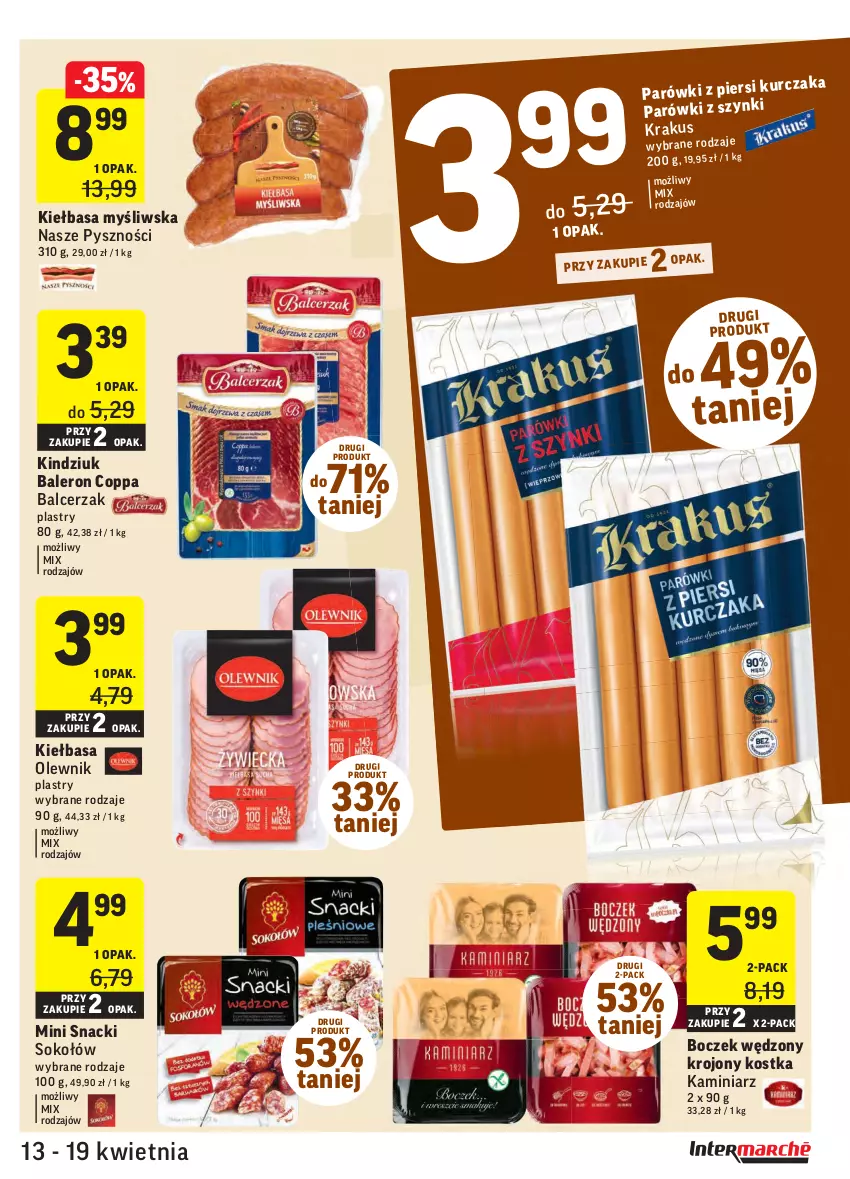 Gazetka promocyjna Intermarche - Gazetka tygodnia - ważna 13.04 do 19.04.2021 - strona 11 - produkty: Boczek, Kiełbasa, Kindziuk, Olewnik, Parówki, Sok, Sokołów