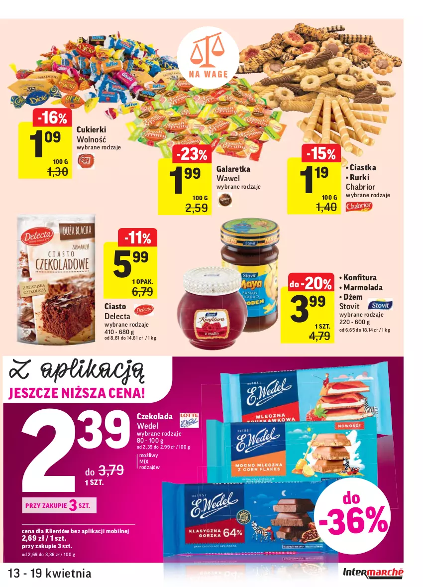 Gazetka promocyjna Intermarche - Gazetka tygodnia - ważna 13.04 do 19.04.2021 - strona 23 - produkty: Chabrior, Ciastka, Cukier, Cukierki, Czekolada, Delecta, Dżem, Gala, Galaretka, Konfitura, Marmolada, Mobil, Mola, Rurki, Wawel