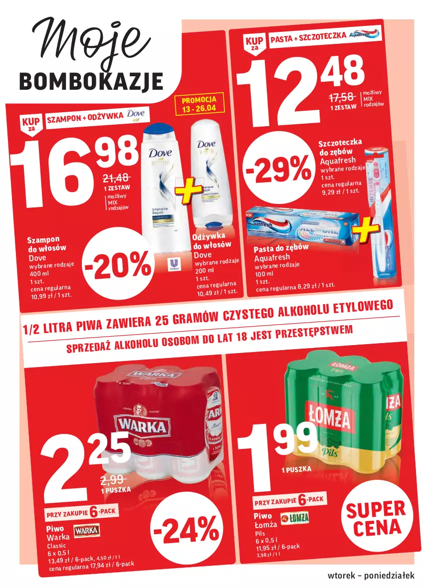 Gazetka promocyjna Intermarche - Gazetka tygodnia - ważna 13.04 do 19.04.2021 - strona 4 - produkty: Aquafresh, Dove, Piwo, Szampon, Szczoteczka, Szczoteczka do zębów, Warka