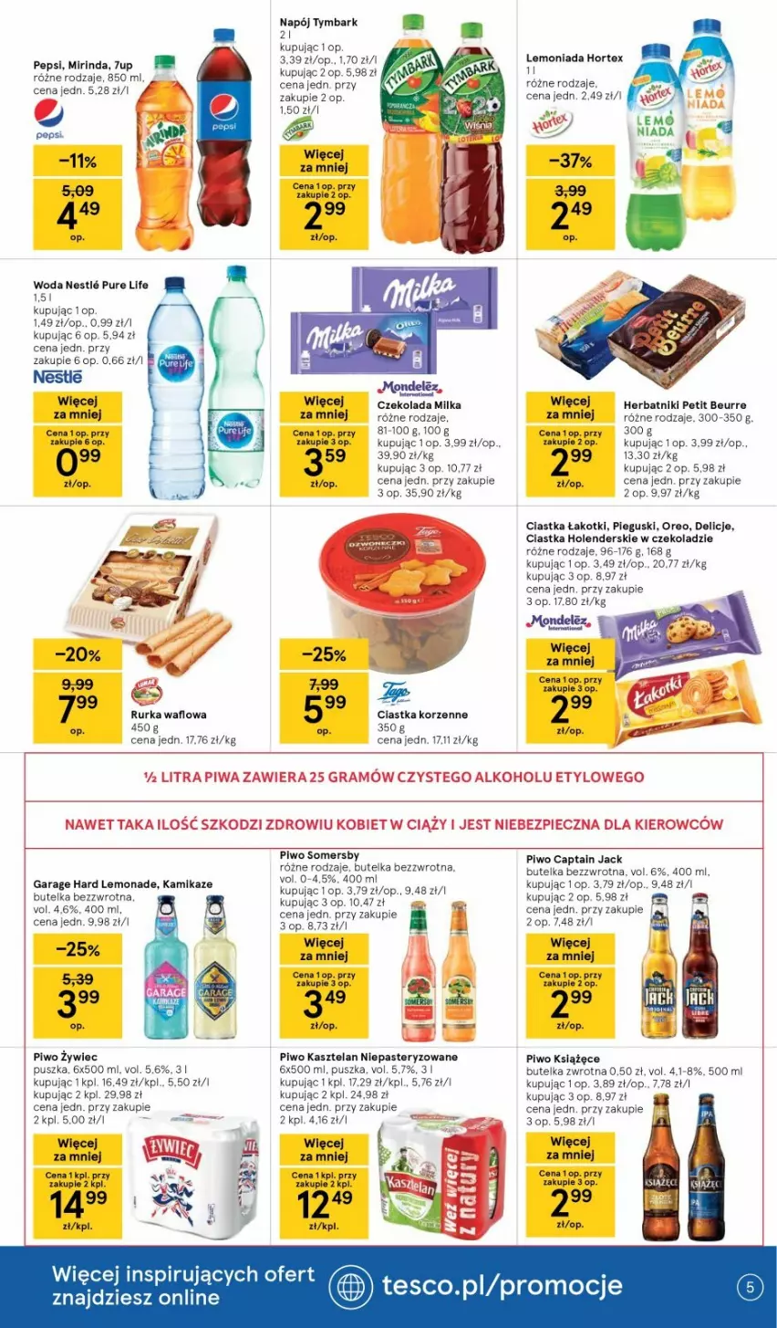 Gazetka promocyjna Tesco - Tesco gazetka - przyszły tydzień - ważna 15.07 do 21.07.2021 - strona 5 - produkty: Captain Jack, Ciastka, Czekolada, Gra, Herbatniki, Herbatniki Petit Beurre, Hortex, Kasztelan, Lemoniada, Milka, Mirinda, Mop, Napój, Oreo, Pepsi, Piec, Piwa, Piwo, Pur, Somersby, Top, Tymbark, Woda