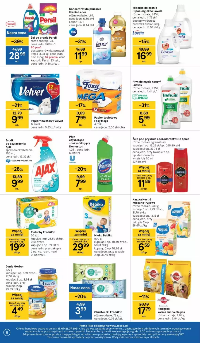 Gazetka promocyjna Tesco - Tesco gazetka - przyszły tydzień - ważna 15.07 do 21.07.2021 - strona 6 - produkty: Ajax, Chusteczki, Dezodorant, Do mycia naczyń, Foxy, Gerber, Gra, Lenor, Lovela, Ludwik, Mleczko, Mleczko do prania, Old Spice, Papier, Papier toaletowy, Persil, Płyn do mycia, Płyn do mycia naczyń, Rama, Rolki, Ryż, Spray do czyszczenia