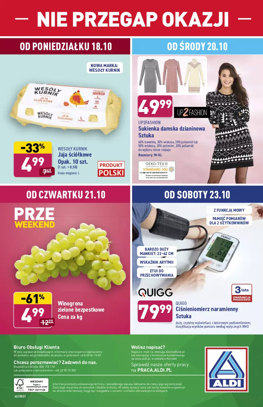 Gazetka promocyjna Aldi - ważna 18.10 do 23.10.2021 - strona 26 - produkty: Biuro, Ciśnieniomierz, Fa, Jaja, O nas, Por, Sukienka, Wełna, Wino, Winogrona