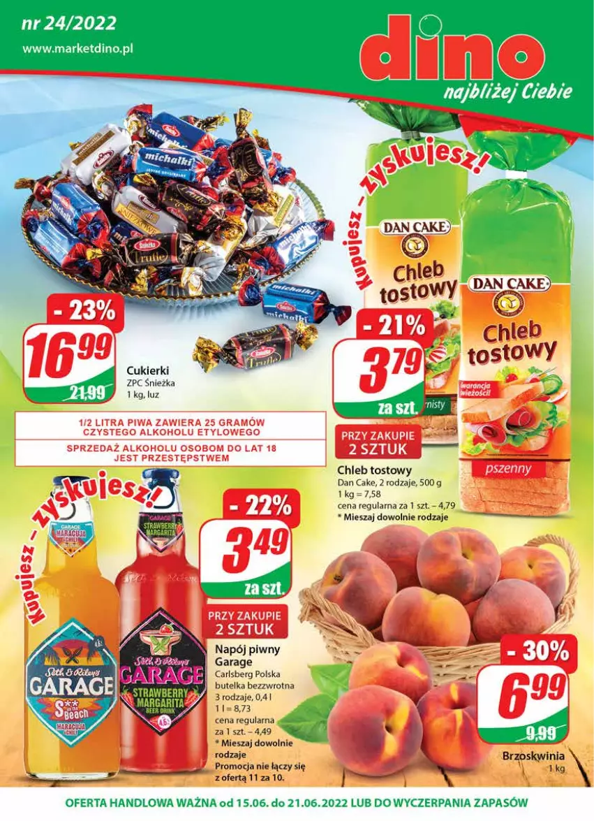 Gazetka promocyjna Dino - Gazetka - ważna 15.06 do 21.06.2022 - strona 1 - produkty: Carlsberg, Chleb, Chleb tostowy, Cukier, Cukierki, Dan Cake, JBL, Napój