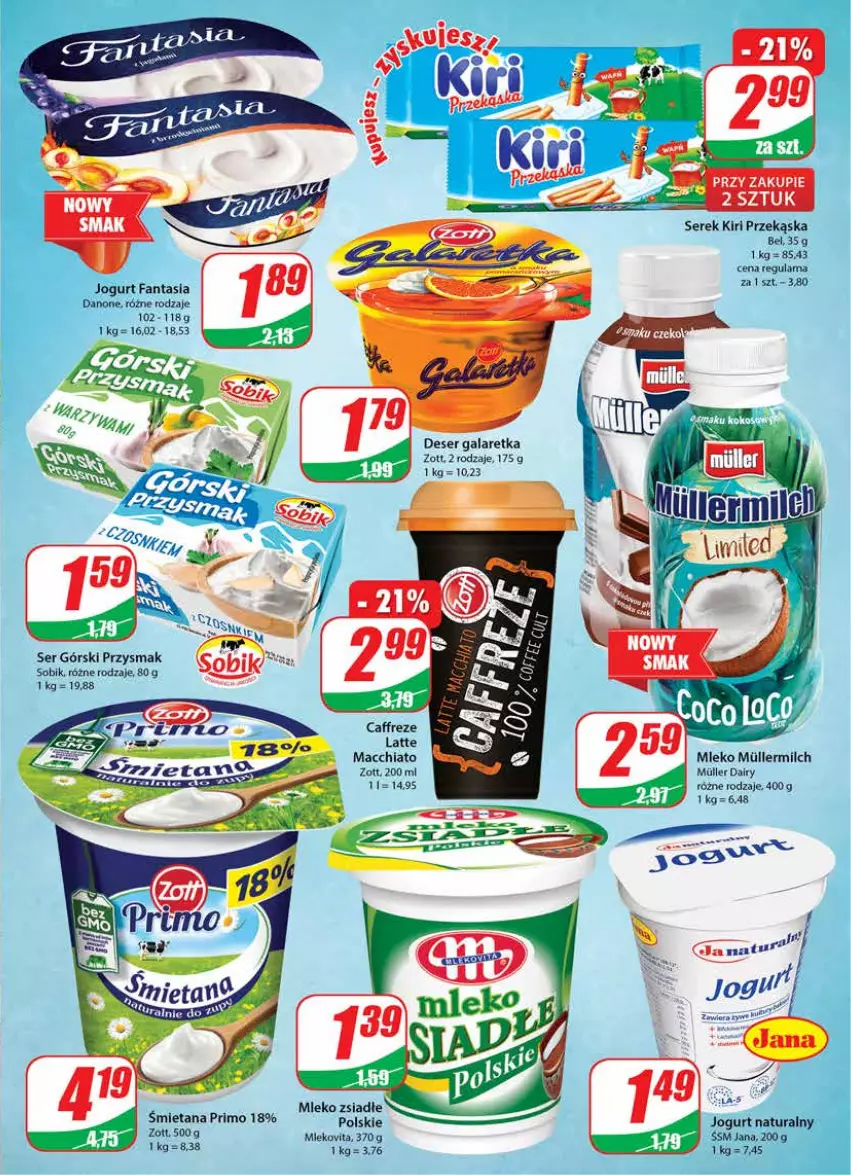 Gazetka promocyjna Dino - Gazetka - ważna 15.06 do 21.06.2022 - strona 13 - produkty: Chia, Danone, Deser, Fa, Fanta, Gala, Galaretka, Jogurt, Jogurt naturalny, Mleko, Mleko zsiadłe, Mlekovita, Ser, Serek, Zott