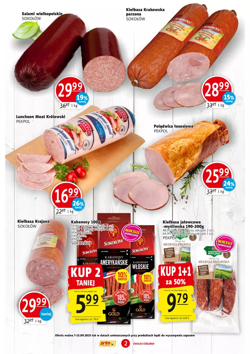 Gazetka promocyjna Prim Market - ważna 07.09 do 13.09.2023 - strona 2 - produkty: Kiełbasa, Kiełbasa krakowska, Królewski, Pekpol, Polędwica, Salami, Sok, Sokołów, Sos