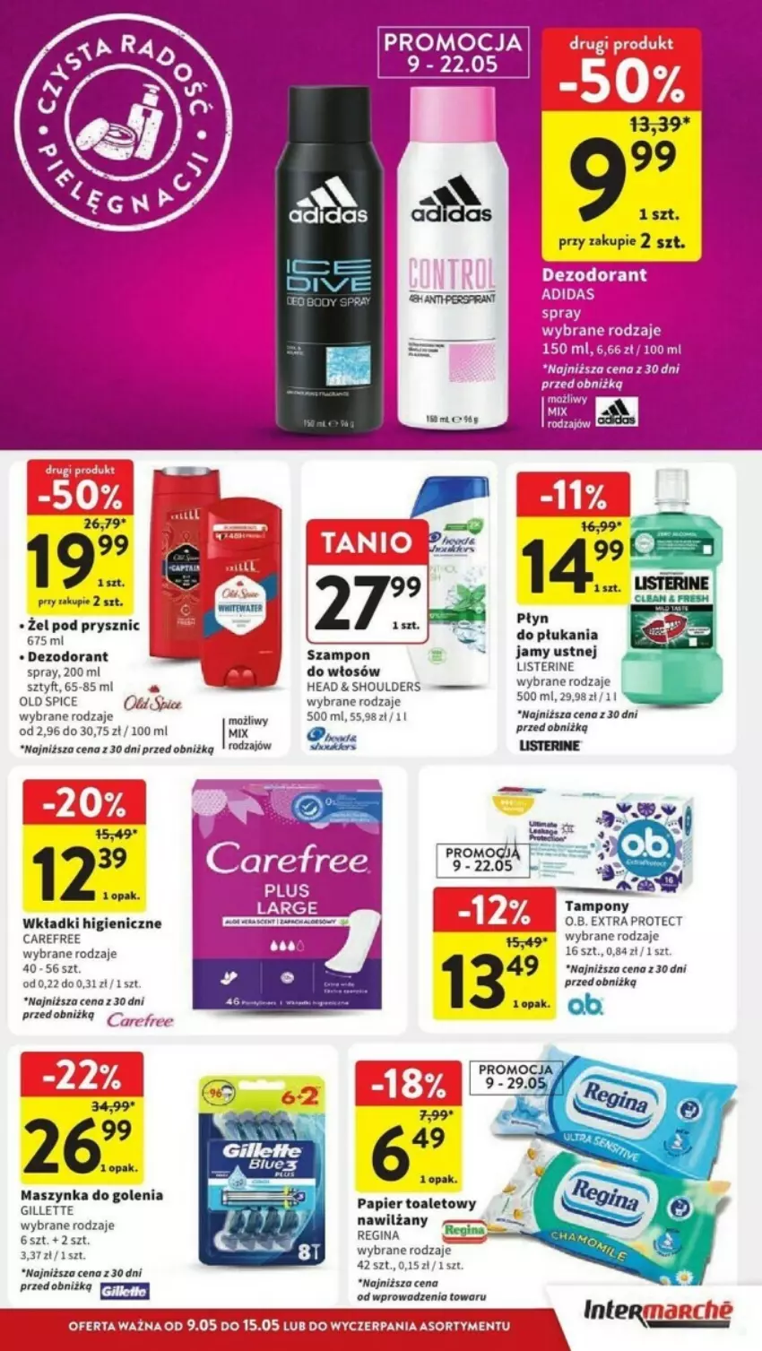 Gazetka promocyjna Intermarche - ważna 09.05 do 15.05.2024 - strona 29 - produkty: Adidas, Carefree, Dezodorant, Gin, Listerine, Old Spice, Papier, Szampon, Tampony, Wkładki