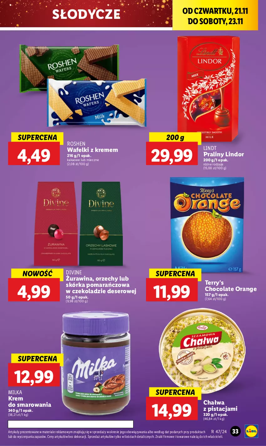 Gazetka promocyjna Lidl - GAZETKA - ważna 21.11 do 23.11.2024 - strona 35 - produkty: Chałwa, Deser, Divine, Kakao, Lindor, Lindt, Milka, Praliny, Ser