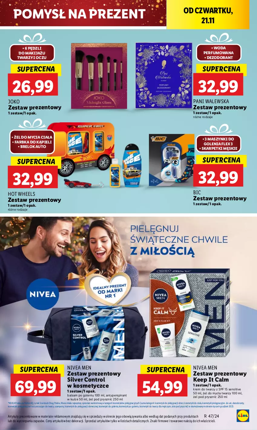 Gazetka promocyjna Lidl - GAZETKA - ważna 21.11 do 23.11.2024 - strona 53 - produkty: Antyperspirant, Balsam po goleniu, BIC, Control, Dezodorant, Dzieci, Fa, Hot Wheels, Karp, Kosmetyki do pielęgnacji, Krem do twarzy, Makijaż, Nivea, Nivea Men, Perfum, Skarpetki, Szampon, Woda, Woda perfumowana, Zestaw prezentowy