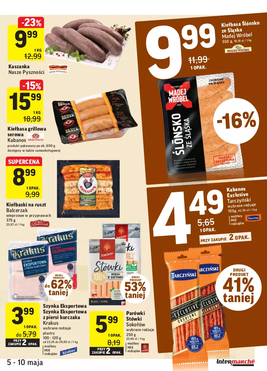 Gazetka promocyjna Intermarche - Promocje - ważna 05.05 do 10.05.2021 - strona 13 - produkty: Grill, Kabanos, Kasza, Kaszanka, Kiełbasa, Krakus, Kurczak, Madej Wróbel, Parówki, Por, Ser, Sok, Sokołów, Sport, Szynka, Tarczyński