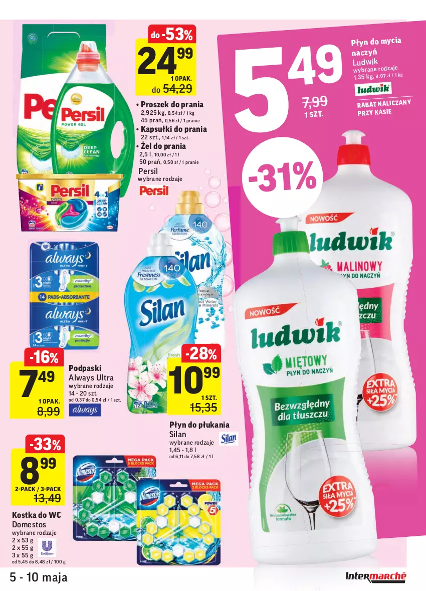 Gazetka promocyjna Intermarche - Promocje - ważna 05.05 do 10.05.2021 - strona 33 - produkty: Always, Always Ultra, Domestos, Kapsułki do prania, Kostka do wc, Ludwik, Persil, Płyn do płukania, Podpaski, Proszek do prania, Silan