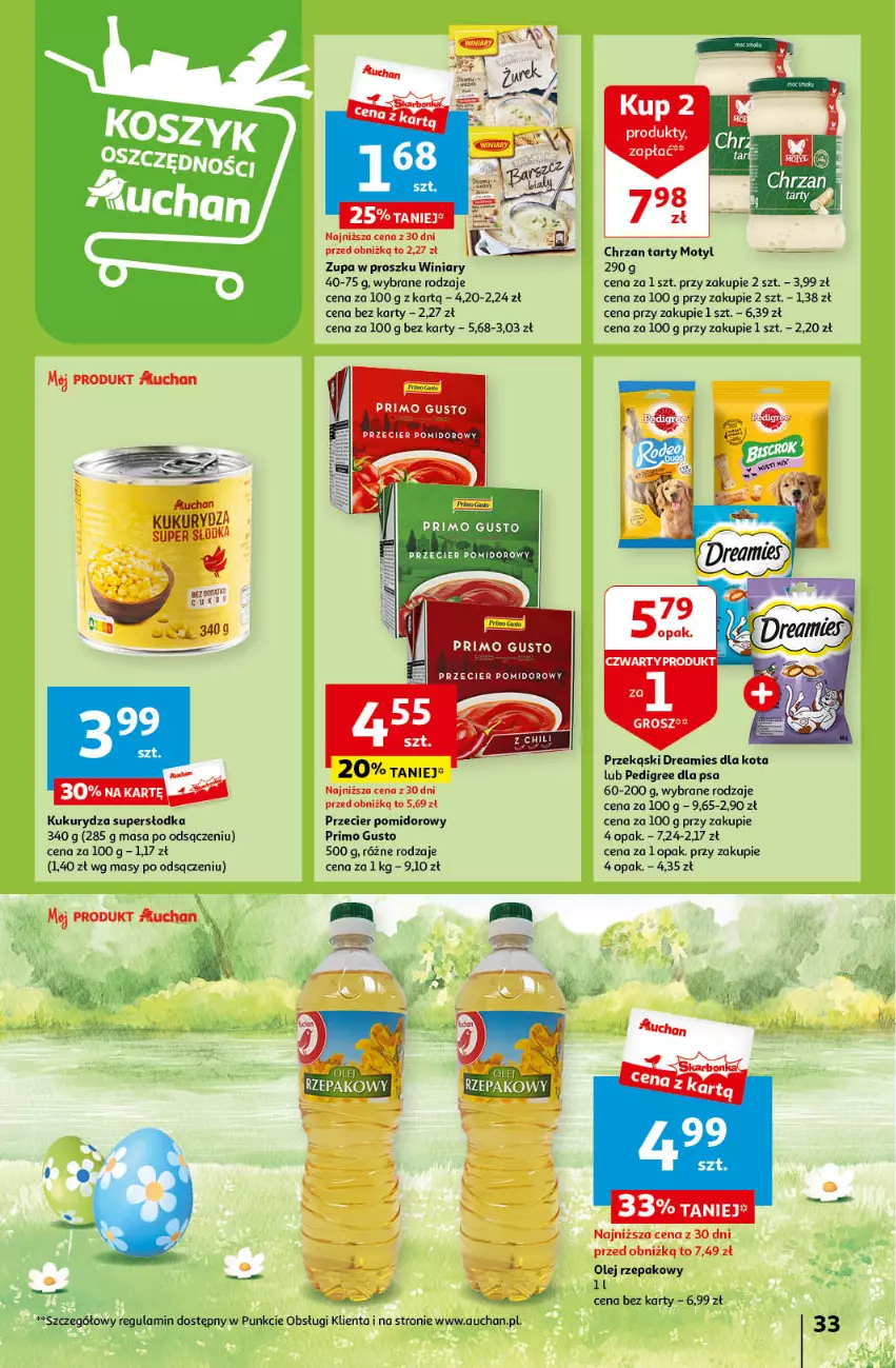 Gazetka promocyjna Auchan - Wielkanoc z najlepszej cenie! Część 2. Hipermarket Auchan - ważna 21.03 do 30.03.2024 - strona 33 - produkty: Chrzan, Kukurydza, Olej, Olej rzepakowy, Pedigree, Winiary, Zupa