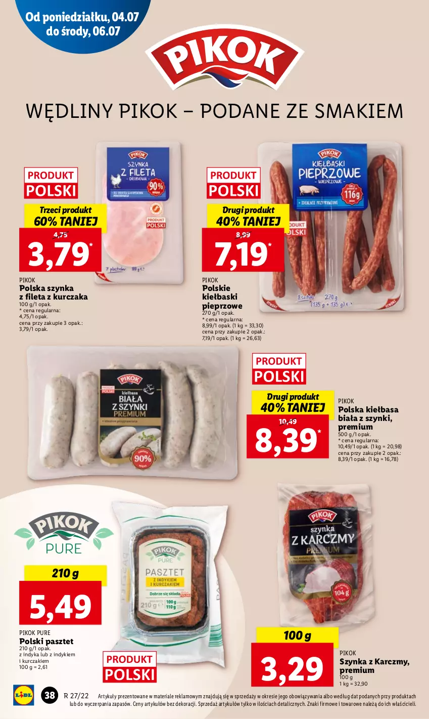 Gazetka promocyjna Lidl - GAZETKA - ważna 04.07 do 06.07.2022 - strona 38 - produkty: Kiełbasa, Kiełbasa biała, Kiełbaski pieprzowe, Kosz, Kurczak, Pasztet, Pieprz, PIKOK, Pur, Szynka