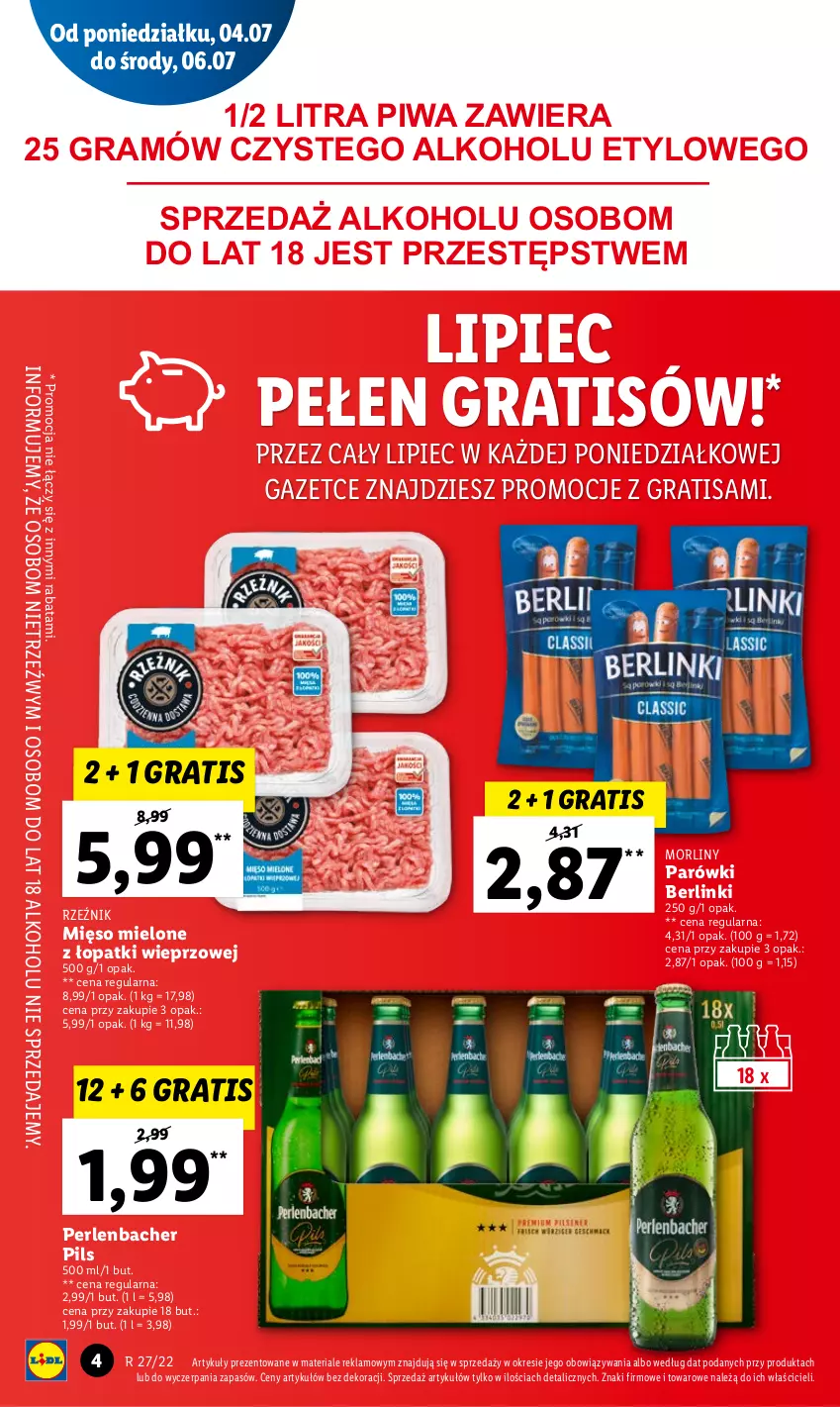 Gazetka promocyjna Lidl - GAZETKA - ważna 04.07 do 06.07.2022 - strona 4 - produkty: Berlinki, Gra, Mięso, Mięso mielone, Mięso mielone z łopatki wieprzowej, Morliny, NBA, Parówki, Piec, Piwa