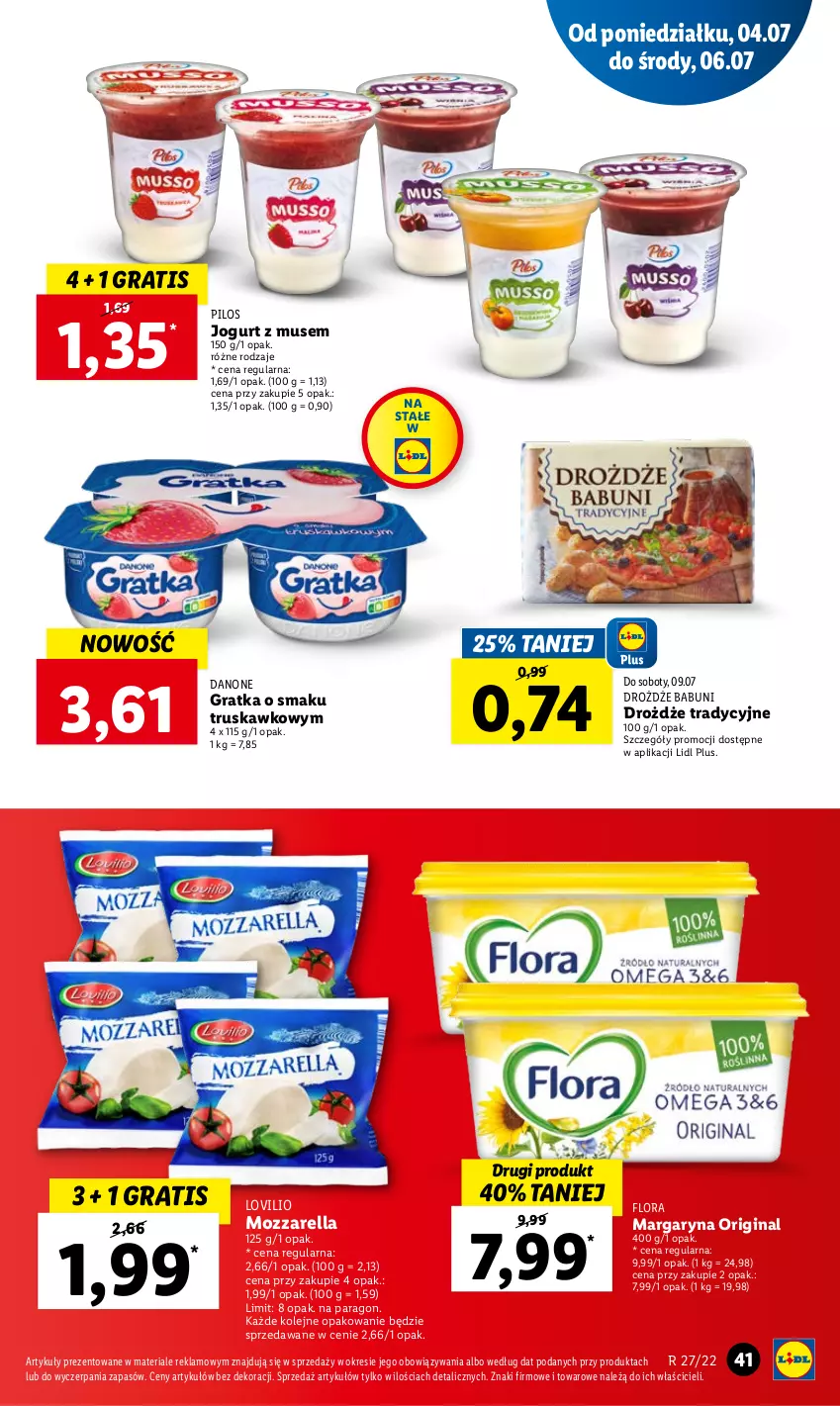 Gazetka promocyjna Lidl - GAZETKA - ważna 04.07 do 06.07.2022 - strona 41 - produkty: Babuni, Danone, Drożdże, Flora, Gin, Gra, Jogurt, Lovi, Margaryna, Mozzarella, Mus, Olej, Pilos