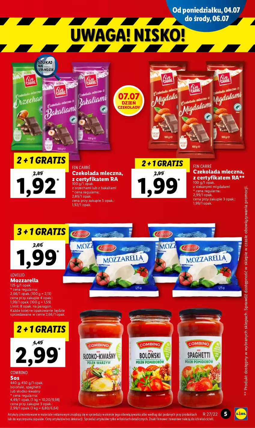 Gazetka promocyjna Lidl - GAZETKA - ważna 04.07 do 06.07.2022 - strona 5 - produkty: Czekolada, Czekolada mleczna, Gra, Lovi, Mozzarella, Olej, Sos, Spaghetti, Waga