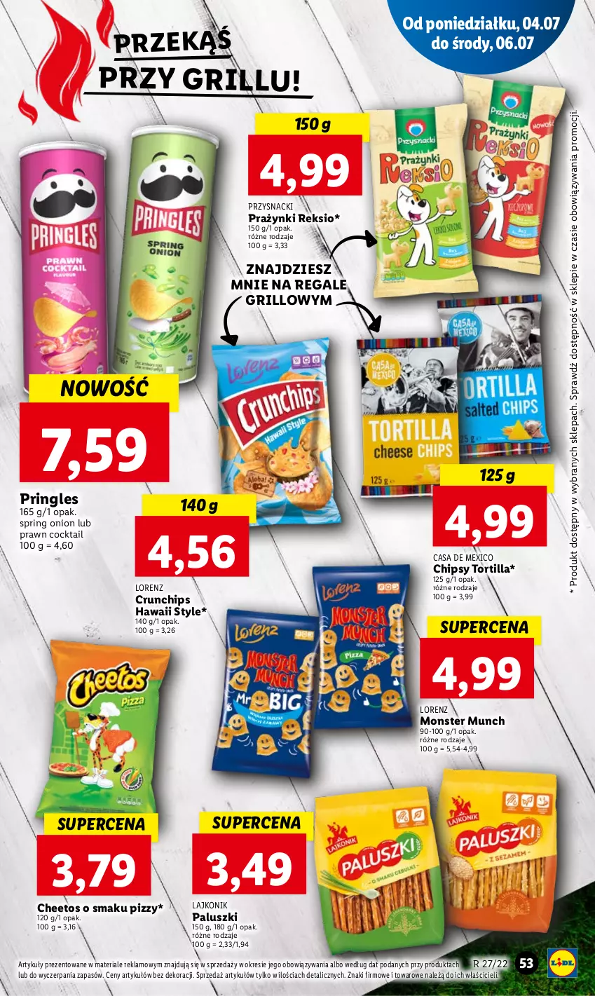 Gazetka promocyjna Lidl - GAZETKA - ważna 04.07 do 06.07.2022 - strona 53 - produkty: Cheetos, Chipsy, Crunchips, Grill, Lajkonik, Lorenz, Monster Munch, Pringles, Przysnacki, Tortilla