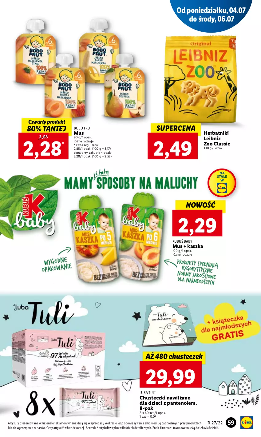 Gazetka promocyjna Lidl - GAZETKA - ważna 04.07 do 06.07.2022 - strona 59 - produkty: Chusteczki, Dzieci, Herbatniki, Kubuś, Mus