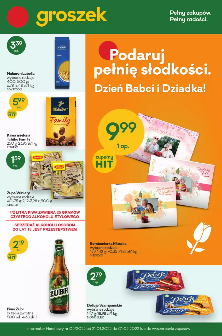 Gazetka promocyjna Groszek - ważna 07.01 do 18.01.2022 - strona 1 - produkty: Bell, Bella, Delicje, Fa, Kawa, Kawa mielona, Lubella, Makaron, Piwo, Tchibo, Tchibo Family, Winiary, Zupa