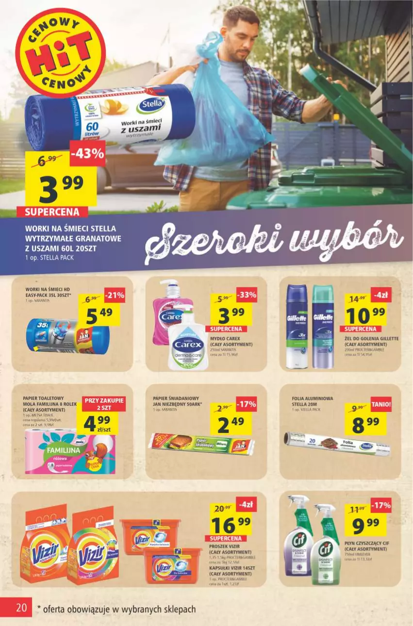 Gazetka promocyjna Arhelan - Gazetka - ważna 24.09 do 03.10.2021 - strona 20 - produkty: Cif, Danio, Fa, Folia aluminiowa, Gillette, Mola, Mydło, Papier, Papier toaletowy, Vizir, Worki na śmiec, Worki na śmieci