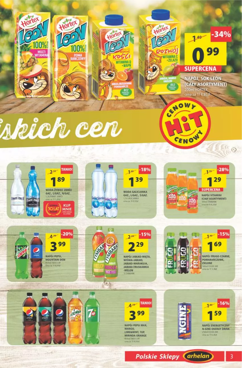 Gazetka promocyjna Arhelan - Gazetka - ważna 24.09 do 03.10.2021 - strona 3 - produkty: 7up, Gin, Leon, Mango, Melon, Mirinda, Napój, Napój energetyczny, Pepsi, Pepsi max, Sok