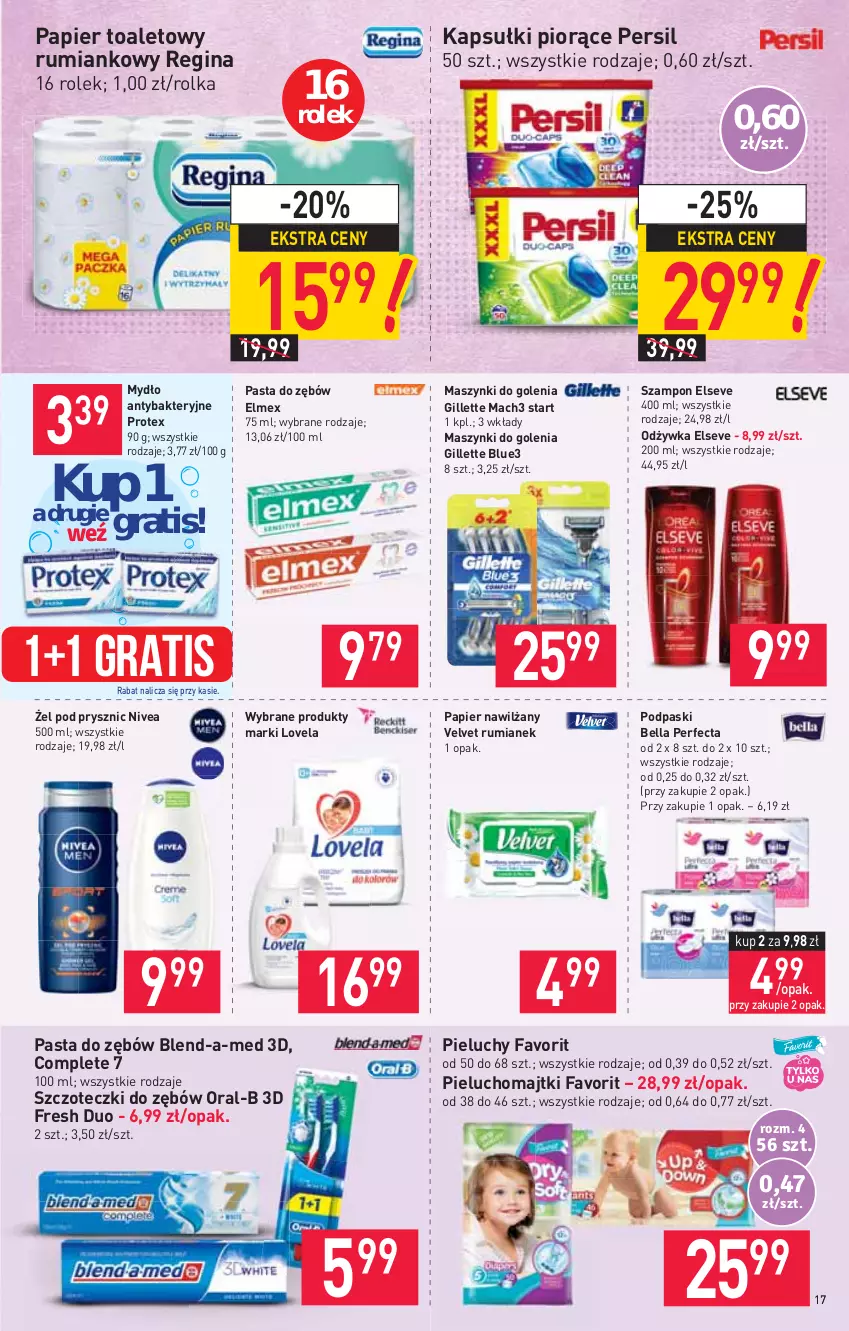 Gazetka promocyjna Stokrotka - Supermarket - ważna 27.05 do 01.06.2021 - strona 17 - produkty: Bell, Bella, Blend-a-Med, Elmex, Elseve, Fa, Gillette, Gin, Gra, Lovela, Mach3, Majtki, Mydło, Nivea, Odżywka, Papier, Papier toaletowy, Pasta do zębów, Perfecta, Persil, Pieluchomajtki, Pieluchy, Podpaski, Rum, Szampon, Velvet