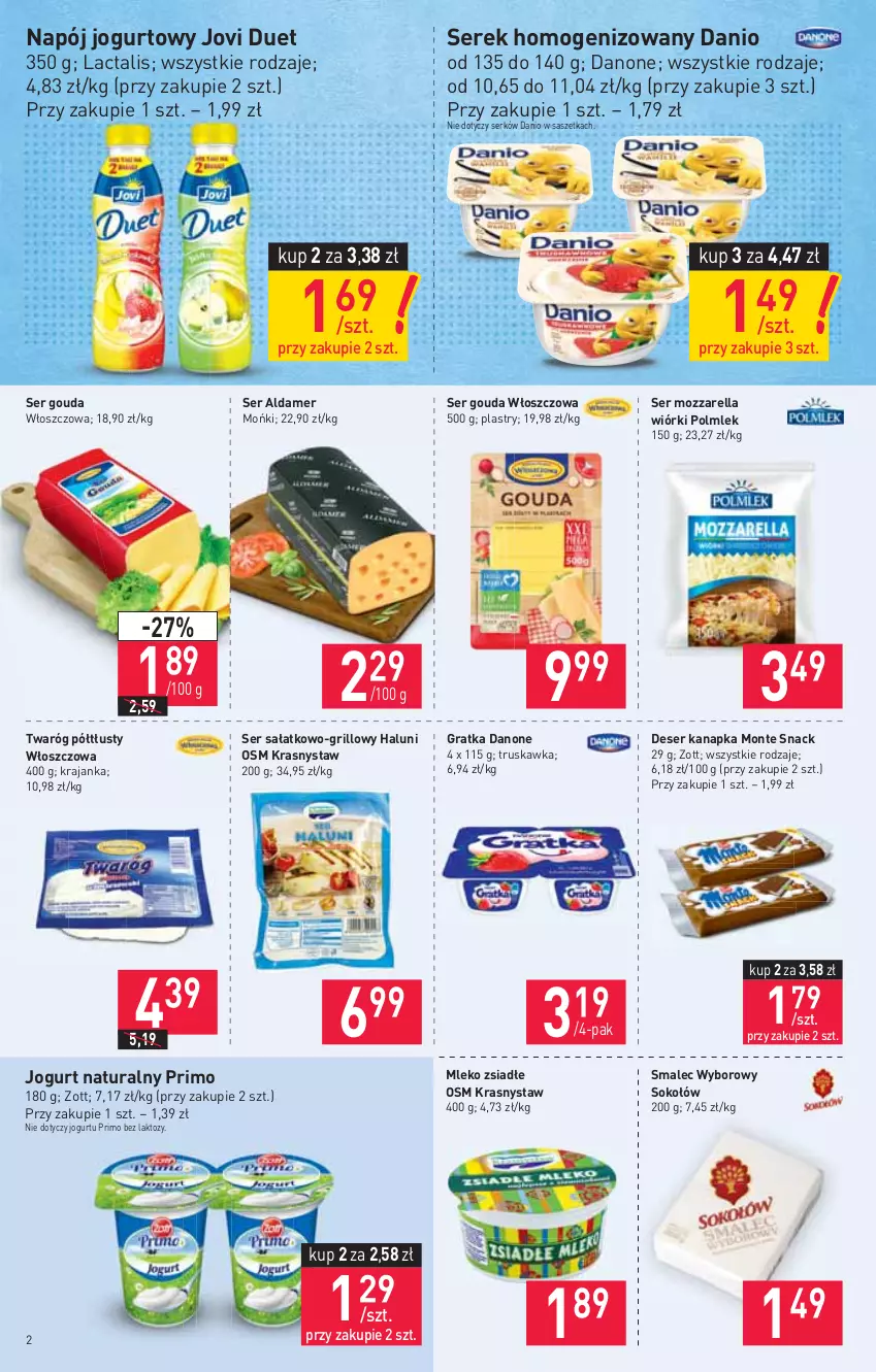 Gazetka promocyjna Stokrotka - Supermarket - ważna 27.05 do 01.06.2021 - strona 2 - produkty: Danio, Danone, Deser, Gouda, Gra, Grill, Jogurt, Jogurt naturalny, Mleko, Mleko zsiadłe, Monte, Mozzarella, Napój, Napój jogurtowy, POLMLEK, Sałat, Ser, Serek, Serek homogenizowany, Smalec, Sok, Sokołów, Twaróg, Twaróg półtłusty, Zott