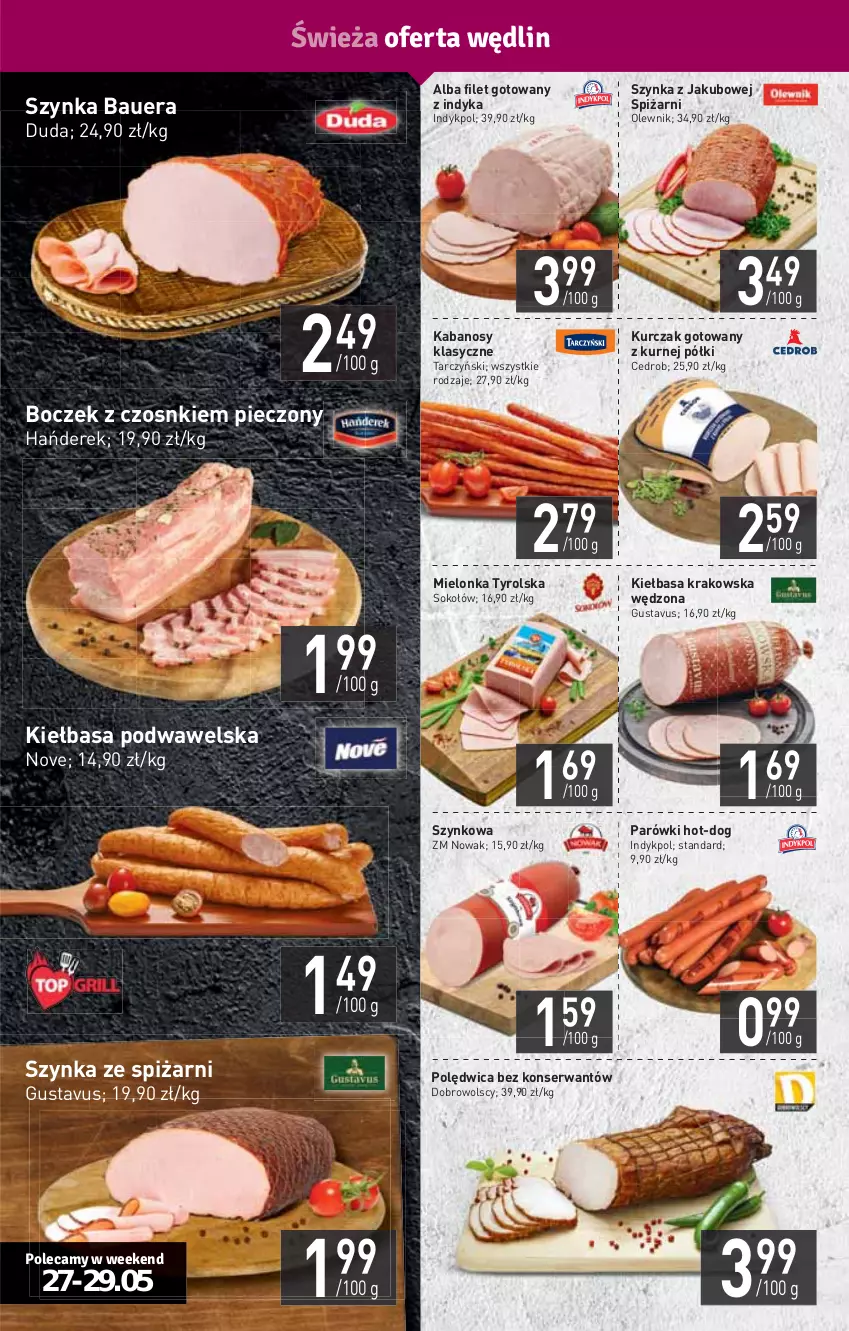 Gazetka promocyjna Stokrotka - Supermarket - ważna 27.05 do 01.06.2021 - strona 4 - produkty: Boczek, Duda, HP, Kabanos, Kiełbasa, Kiełbasa krakowska, Kiełbasa podwawelska, Kurczak, Kurczak gotowany, Mielonka tyrolska, NOWAK, Olewnik, Parówki, Piec, Polędwica, Ser, Sok, Sokołów, Szynka, Tarczyński, Wawel