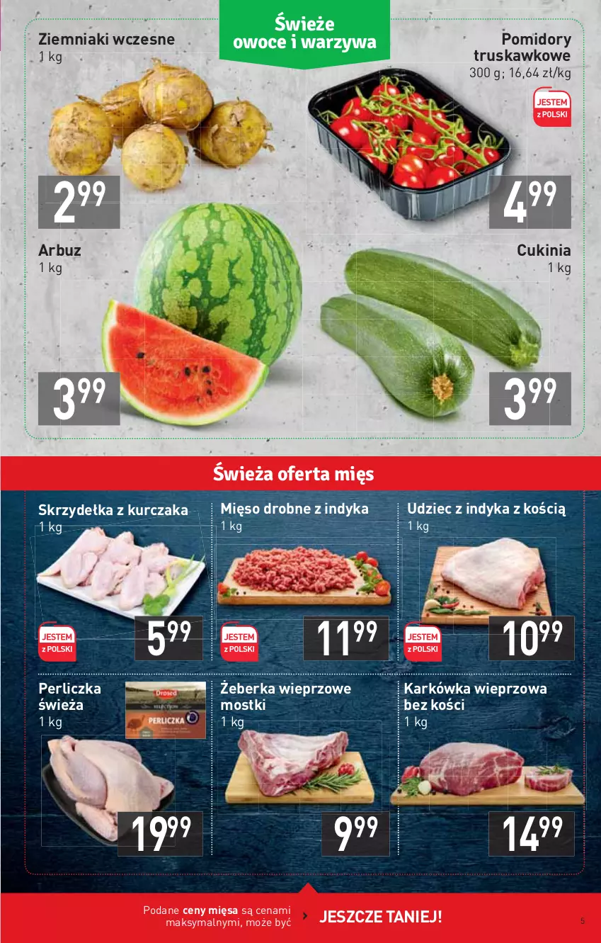 Gazetka promocyjna Stokrotka - Supermarket - ważna 27.05 do 01.06.2021 - strona 5 - produkty: Arbuz, Karkówka wieprzowa, Kurczak, Mięso, Perliczka, Pomidory, Skrzydełka z kurczaka, Udziec z indyka, Ziemniaki