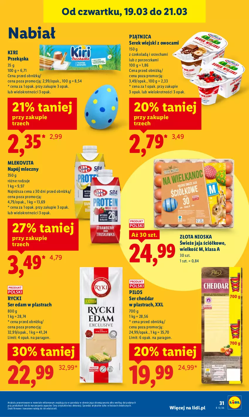 Gazetka promocyjna Lidl - GAZETKA - ważna 19.03 do 21.03.2026 - strona 31 - produkty: Cheddar, Edam, Jaja, Mleko, Mlekovita, Napój, Napój mleczny, Piątnica, Pilos, Por, Ser, Serek, Serek wiejski
