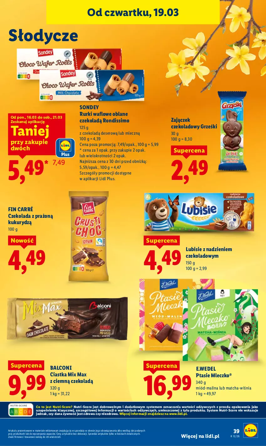 Gazetka promocyjna Lidl - GAZETKA - ważna 19.03 do 21.03.2026 - strona 39 - produkty: Alcon, Ciastka, Czekolada, Deser, Grześki, Lubisie, Miód, Mleczko, Ptasie mleczko, Rurki, Ser