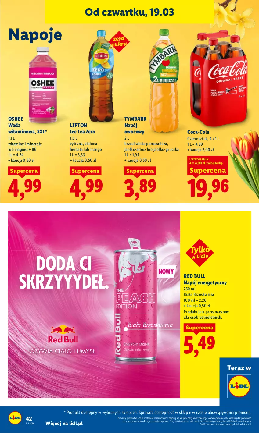 Gazetka promocyjna Lidl - GAZETKA - ważna 19.03 do 21.03.2026 - strona 42 - produkty: Arbuz, Coca-Cola, Herbata, Ice tea, Lipton, Magnez, Mango, Napój, Napój energetyczny, Napoje, Oshee, Red Bull, Tera, Tymbark, Woda