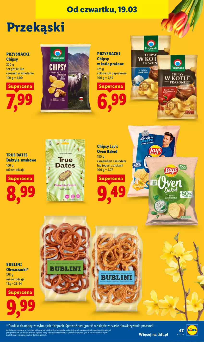 Gazetka promocyjna Lidl - GAZETKA - ważna 19.03 do 21.03.2026 - strona 47 - produkty: Camembert, Chipsy, Czosnek, Daktyle, Jogurt, Lay’s, Przysnacki, Ser