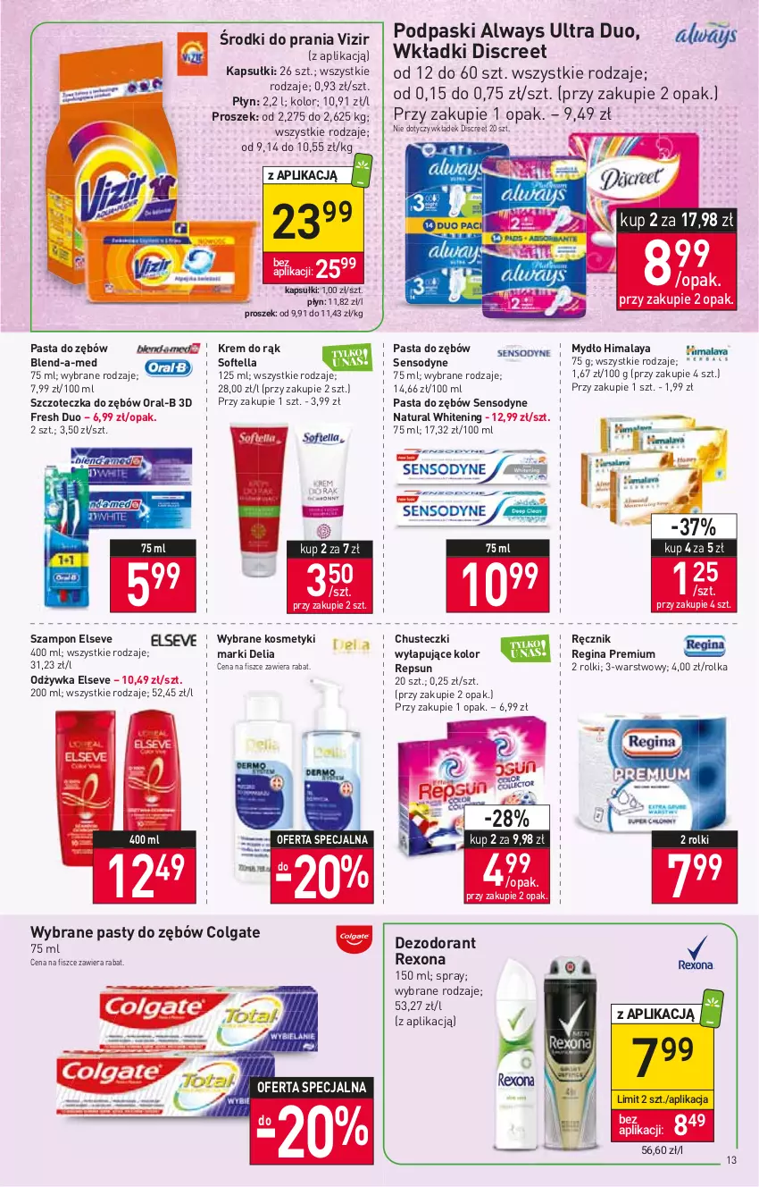 Gazetka promocyjna Stokrotka - Supermarket - ważna 14.07 do 20.07.2022 - strona 13 - produkty: Always, Always Ultra, Blend-a-Med, Chusteczki, Colgate, Dezodorant, Discreet, Elseve, Gin, Himalaya, Krem do rąk, LG, Mydło, Odżywka, Pasta do zębów, Podpaski, Ręcznik, Rexona, Rolki, Sensodyne, Szampon, Szczoteczka, Szczoteczka do zębów, Vizir, Wkładki