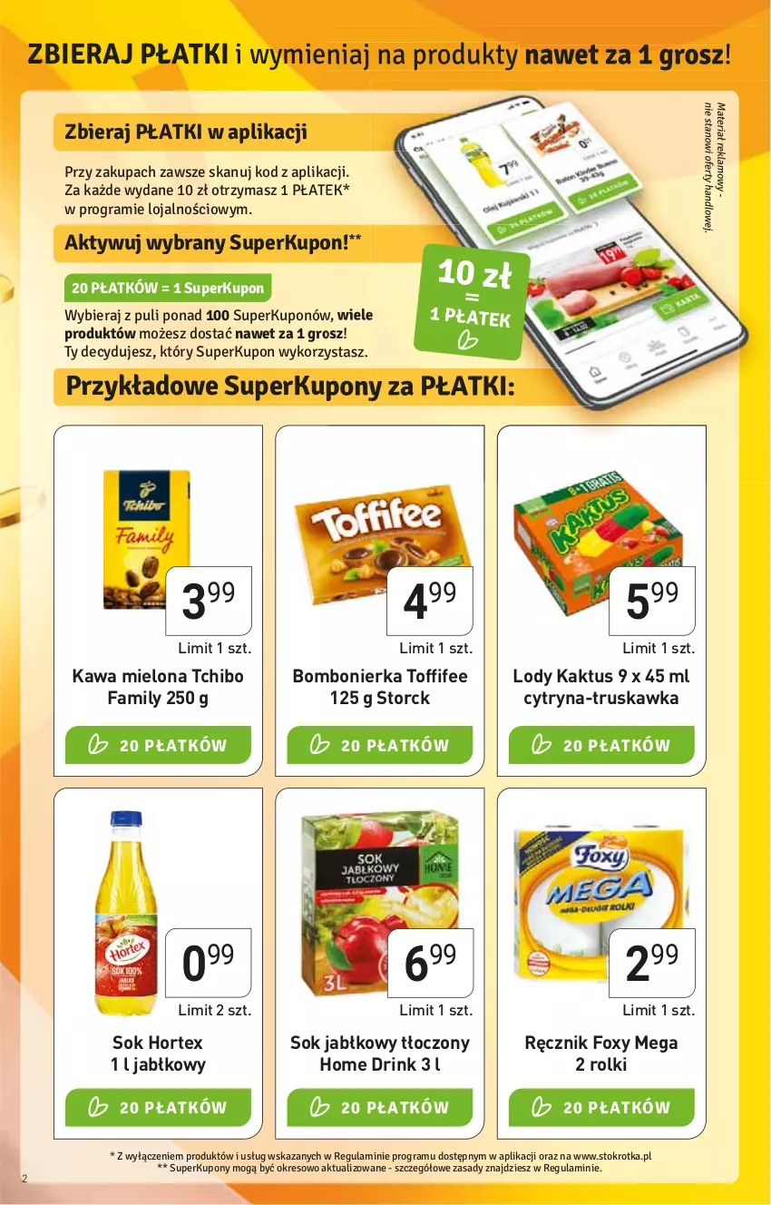 Gazetka promocyjna Stokrotka - Supermarket - ważna 14.07 do 20.07.2022 - strona 2 - produkty: Fa, Foxy, Hortex, HP, Kaktus, Kawa, Kawa mielona, Lody, Ręcznik, Rolki, Sok, Sok jabłkowy, Tchibo, Tchibo Family, Toffifee