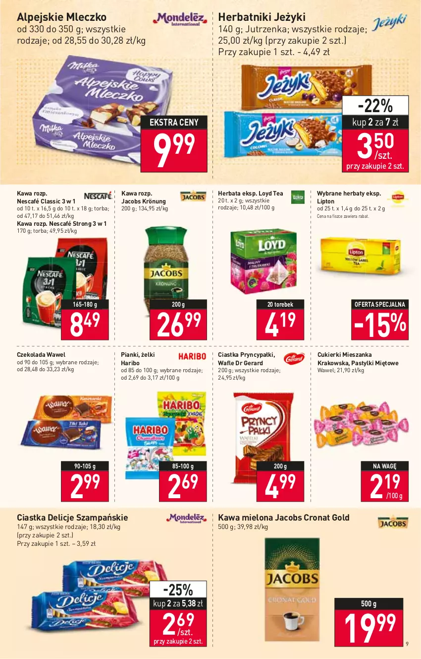 Gazetka promocyjna Stokrotka - Supermarket - ważna 14.07 do 20.07.2022 - strona 9 - produkty: Ciastka, Cukier, Cukierki, Czekolada, Delicje, Dr Gerard, Haribo, Herbata, Herbatniki, Jacobs, Jacobs Krönung, Jeżyki, Jutrzenka, Kawa, Kawa mielona, Lipton, Loyd, Mleczko, Nescafé, Pastylki, Torba, Wafle, Wawel