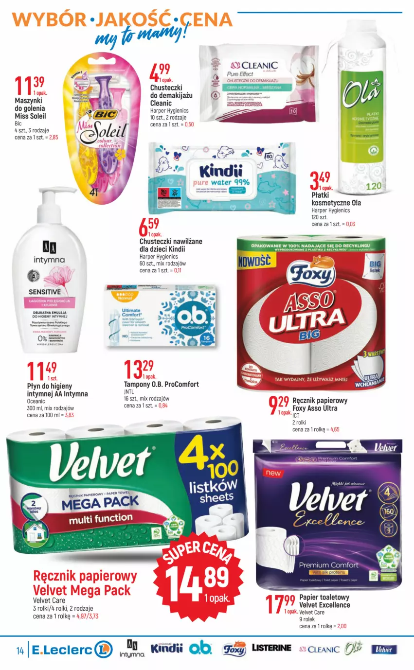 Gazetka promocyjna E Leclerc - ważna 21.03 do 02.04.2023 - strona 14 - produkty: BIC, Chusteczki, Cleanic, Dzieci, Emulsja, Foxy, Kindii, Makijaż, Papier, Papier toaletowy, Pur, Ręcznik, Rolki, Tampony, Velvet