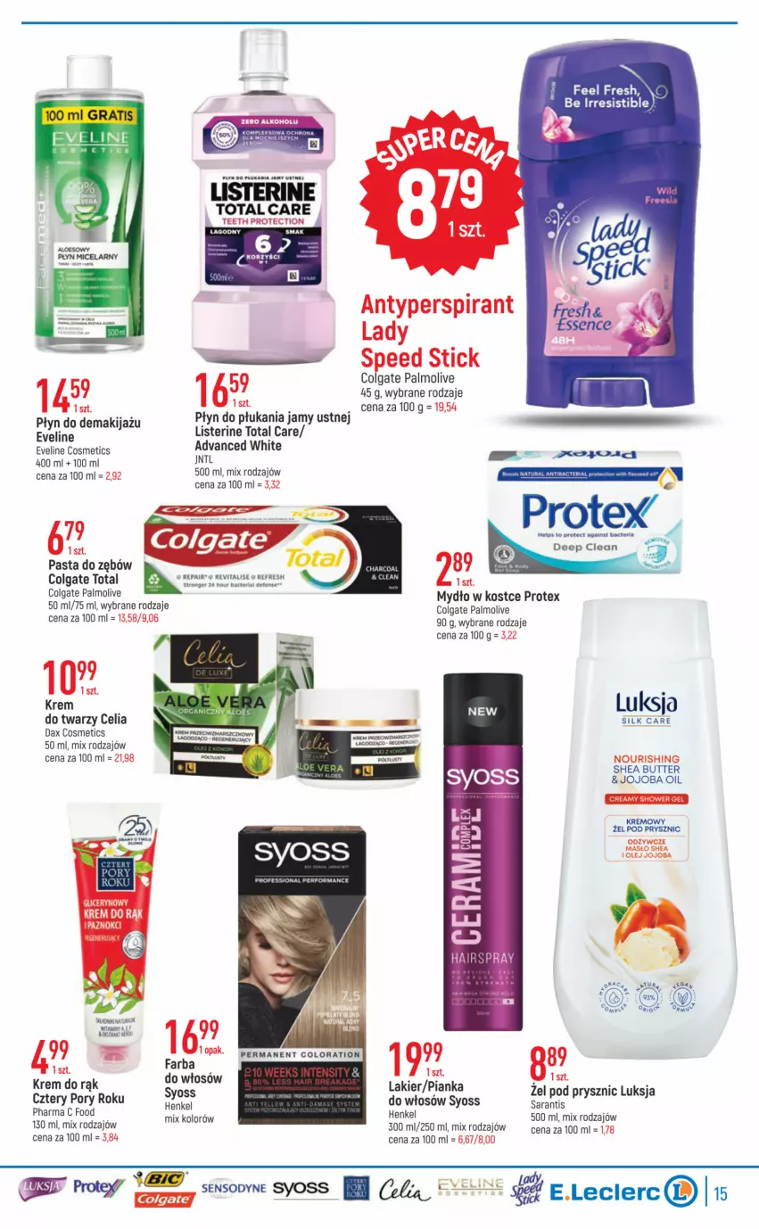 Gazetka promocyjna E Leclerc - ważna 21.03 do 02.04.2023 - strona 15 - produkty: Antyperspirant, Colgate, Colgate Total, DAX, Eveline, Fa, Gra, Krem do rąk, Krem do twarzy, Lakier, LG, Listerine, Luksja, Makijaż, Masło, Mydło, Olej, Palmolive, Pasta do zębów, Płyn do płukania, Płyn do płukania jamy ustnej, Syoss, Tran