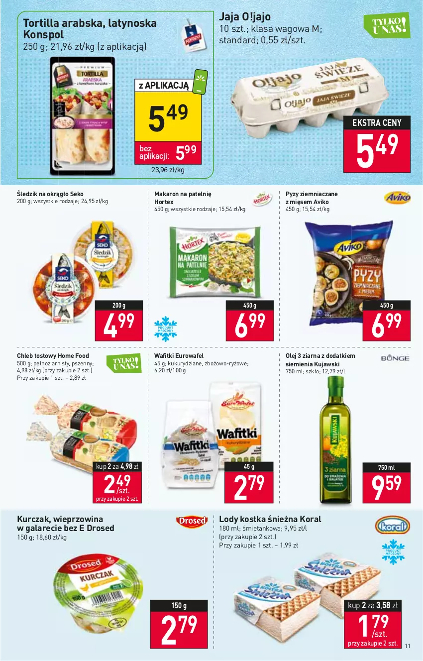 Gazetka promocyjna Stokrotka - Supermarket - ważna 28.07 do 03.08.2022 - strona 11 - produkty: Chleb, Chleb tostowy, Gala, Hortex, Jaja, Kujawski, Kurczak, Lody, Makaron, Olej, Ryż, SEKO, Tortilla, Wieprzowina