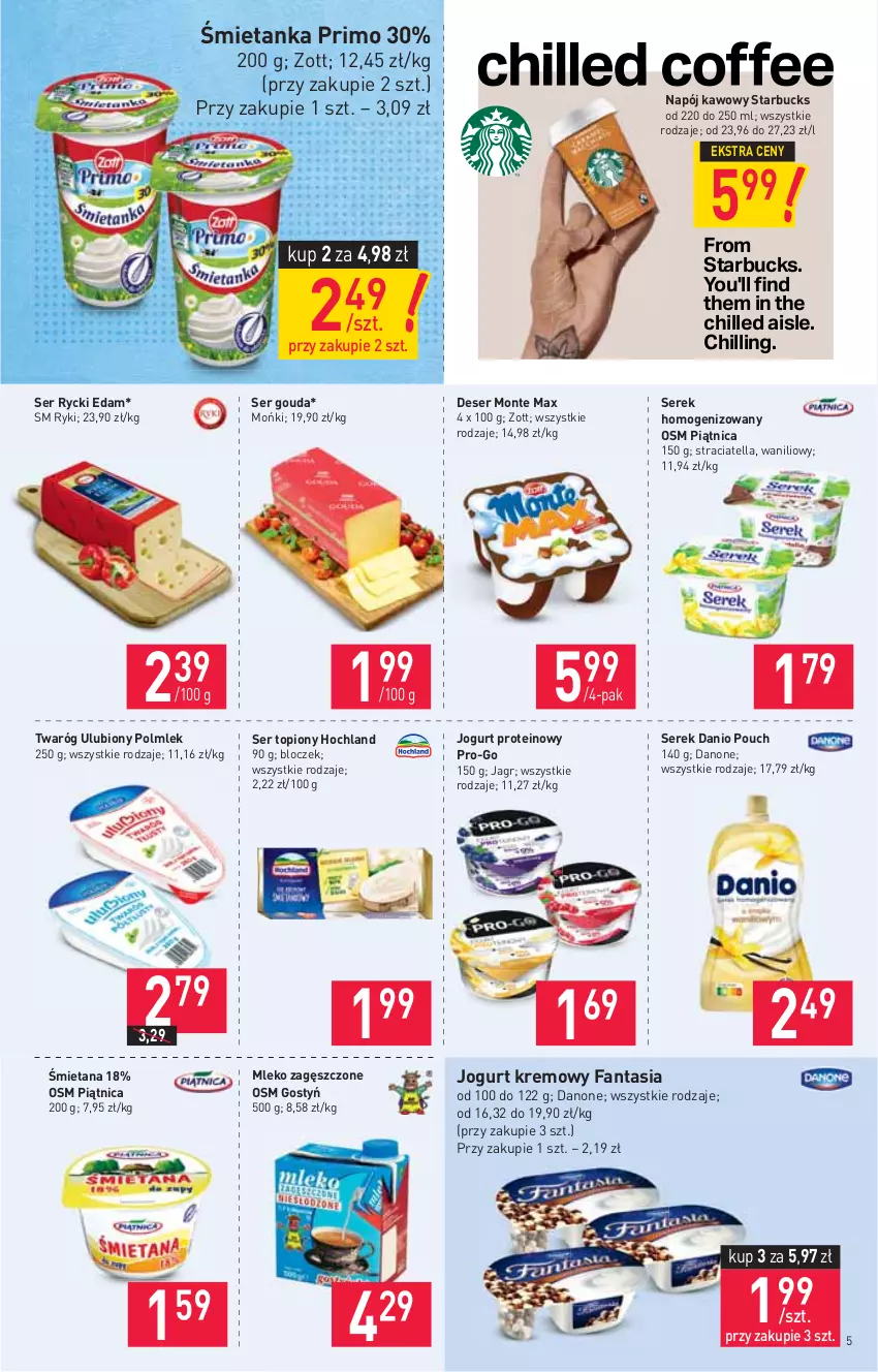 Gazetka promocyjna Stokrotka - Market - ważna 23.09 do 29.09.2021 - strona 5 - produkty: Danio, Danone, Deser, Edam, Fa, Fanta, Gouda, Hochland, HP, Jagr, Jogurt, Mleko, Mleko zagęszczone, Monte, Napój, Piątnica, POLMLEK, Rycki Edam, Ser, Ser topiony, Serek, Serek homogenizowany, Top, Twaróg, Zott