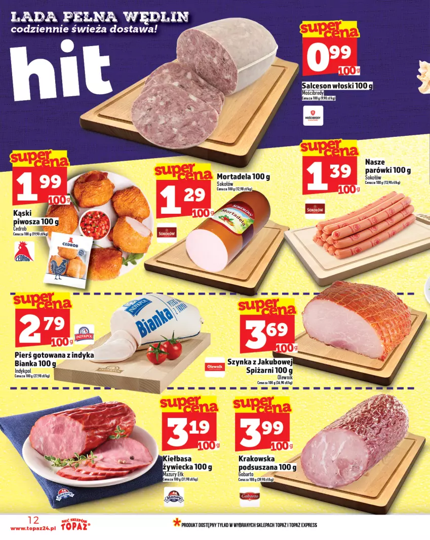 Gazetka promocyjna Topaz - Gazetka - ważna 10.07 do 16.07.2025 - strona 12 - produkty: Bianka, Olewnik, Parówki, Piwo, Salceson, Sok, Sokołów, Szynka, Top
