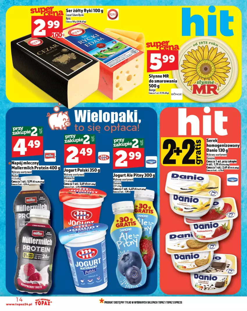 Gazetka promocyjna Topaz - Gazetka - ważna 10.07 do 16.07.2025 - strona 14 - produkty: Danio, Danone, Edam, Napój, Ser, Serek, Serek homogenizowany, Słynne, Top