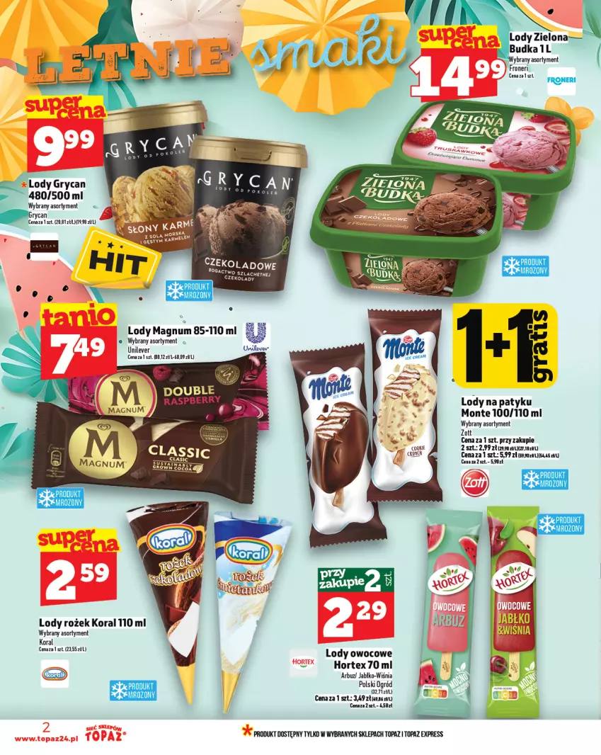 Gazetka promocyjna Topaz - Gazetka - ważna 10.07 do 16.07.2025 - strona 2 - produkty: Arbuz, Gry, Hortex, Lody, Monte, Ogród, Top, Zott