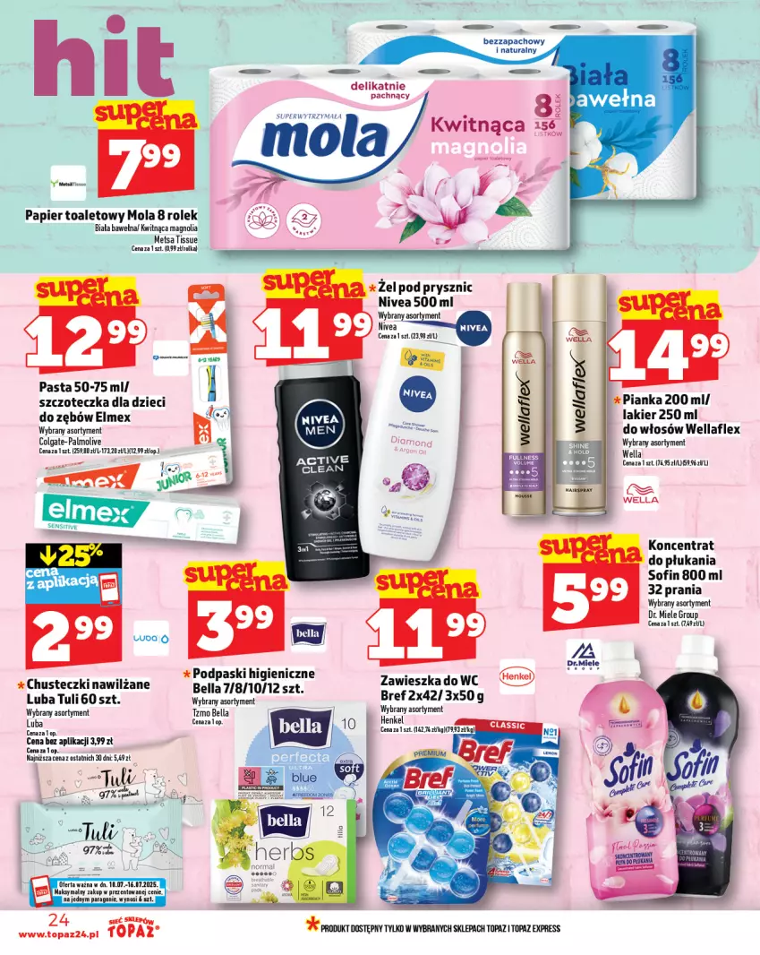 Gazetka promocyjna Topaz - Gazetka - ważna 10.07 do 16.07.2025 - strona 24 - produkty: Bell, Bella, Bref, Chusteczki, Colgate, Dzieci, Elmex, Fa, Lakier, LG, Mola, Nivea, Palmolive, Papier, Papier toaletowy, Podpaski, Szczoteczka, Top, Wella, Wellaflex, Wełna, Zawieszka do wc