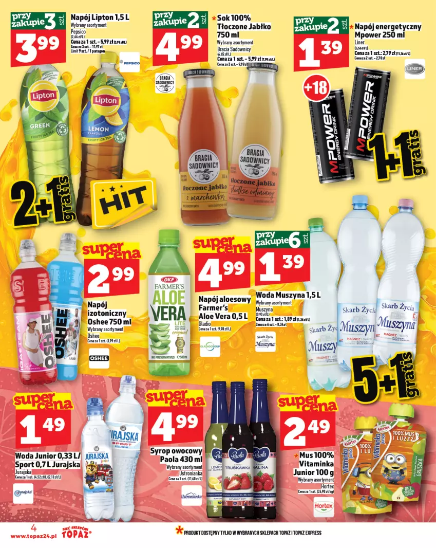 Gazetka promocyjna Topaz - Gazetka - ważna 10.07 do 16.07.2025 - strona 4 - produkty: Aloe vera, Fa, Inka, Lipton, Mus, Napój, Napój energetyczny, Por, Ser, Sport, Szyna, Top, Woda