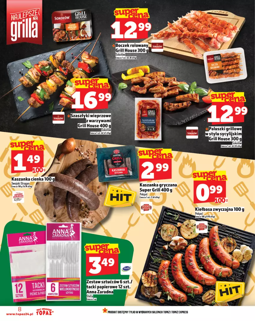 Gazetka promocyjna Topaz - Gazetka - ważna 10.07 do 16.07.2025 - strona 8 - produkty: Kasza, Kiełbasa, Papier, Pekpol, Sok, Sokołów, Top, Zestaw sztućców