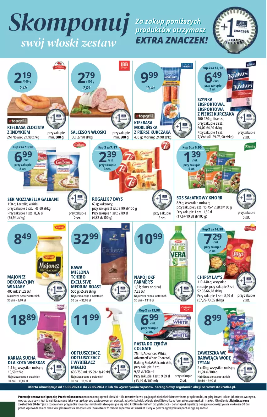 Gazetka promocyjna Stokrotka - Supermarket - ważna 16.05 do 22.05.2024 - strona 32 - produkty: 7 Days, Chipsy, Colgate, Fa, Galbani, Gin, Kakao, Kawa, Kawa mielona, Kiełbasa, Knorr, Krakus, Kurczak, Lay’s, LG, Majonez, Mięso, Morliny, Mozzarella, Napój, NOWAK, Odtłuszczacz, Owoce, Pasta do zębów, Por, Rogal, Sałat, Salceson, Ser, Sos, Sport, Szynka, Tchibo, Tytan, Warzywa, Whiskas, Winiary