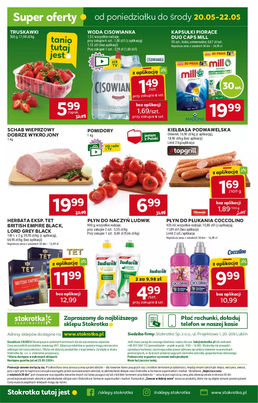 Gazetka promocyjna Stokrotka - Supermarket - ważna 16.05 do 22.05.2024 - strona 33 - produkty: Brit, Cisowianka, Coccolino, Dres, Herbata, JBL, Kiełbasa, Kiełbasa podwawelska, Lack, Ludwik, Płyn do płukania, Pomidory, Schab wieprzowy, Telefon, Truskawki, Wawel, Woda